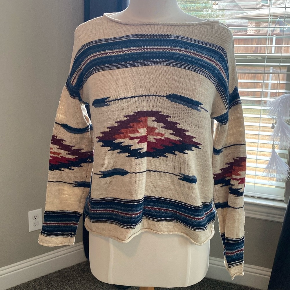 Cream and blue boat neck sweater